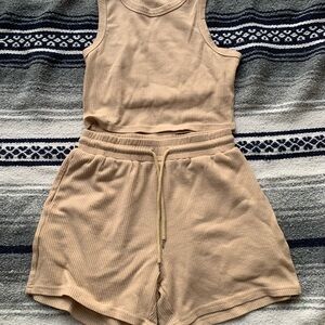 Ribbed Tan Sleeveless Top and Shorts Set